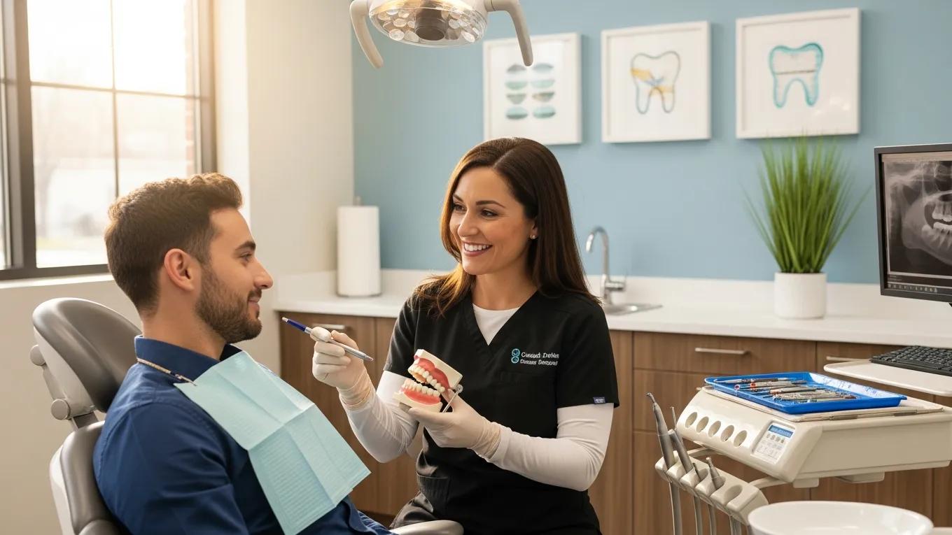 Dental clinic scene with a dentist and patient discussing dental health services