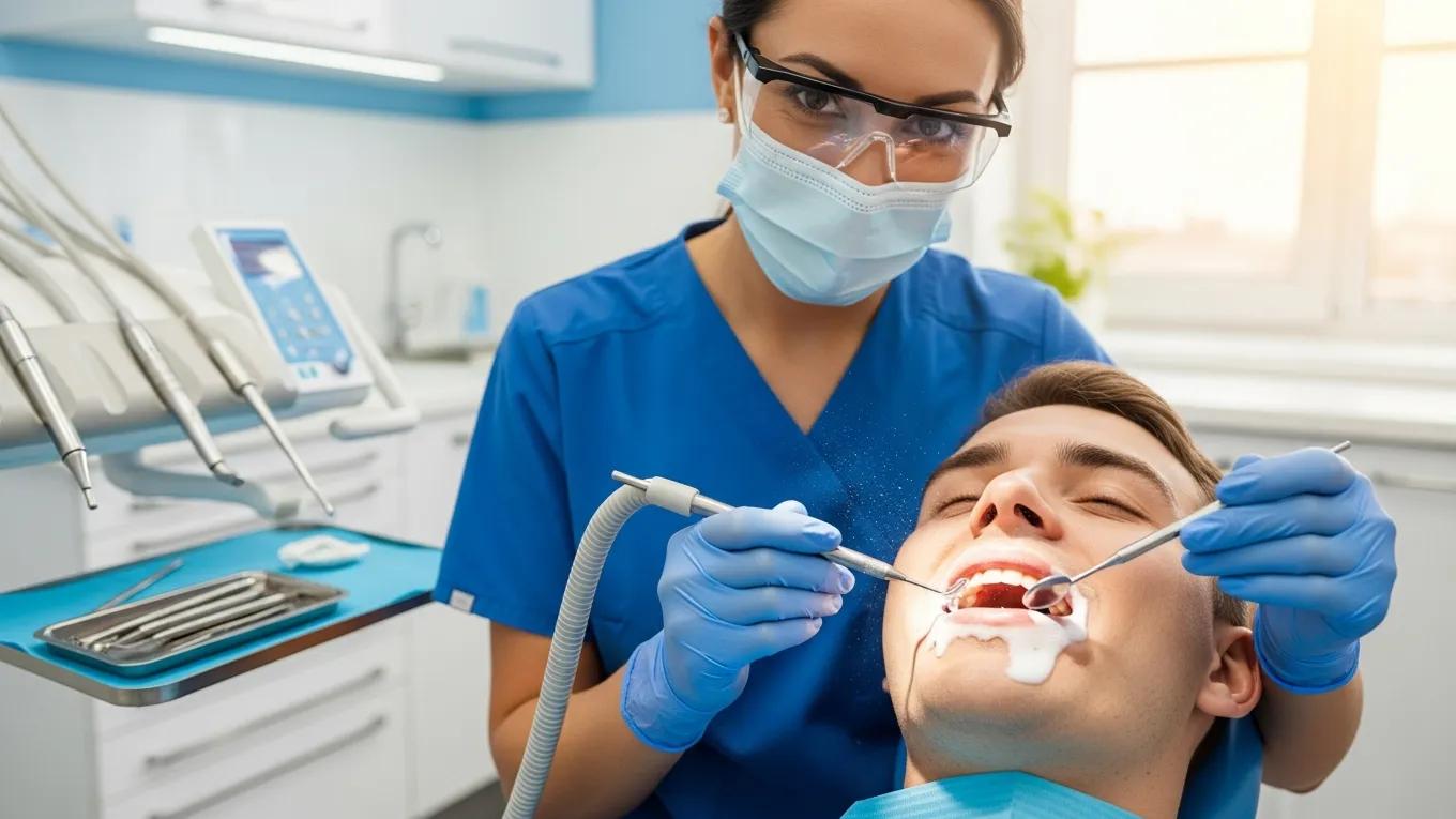 Dental hygienist cleaning a patient's teeth in a modern dental office
