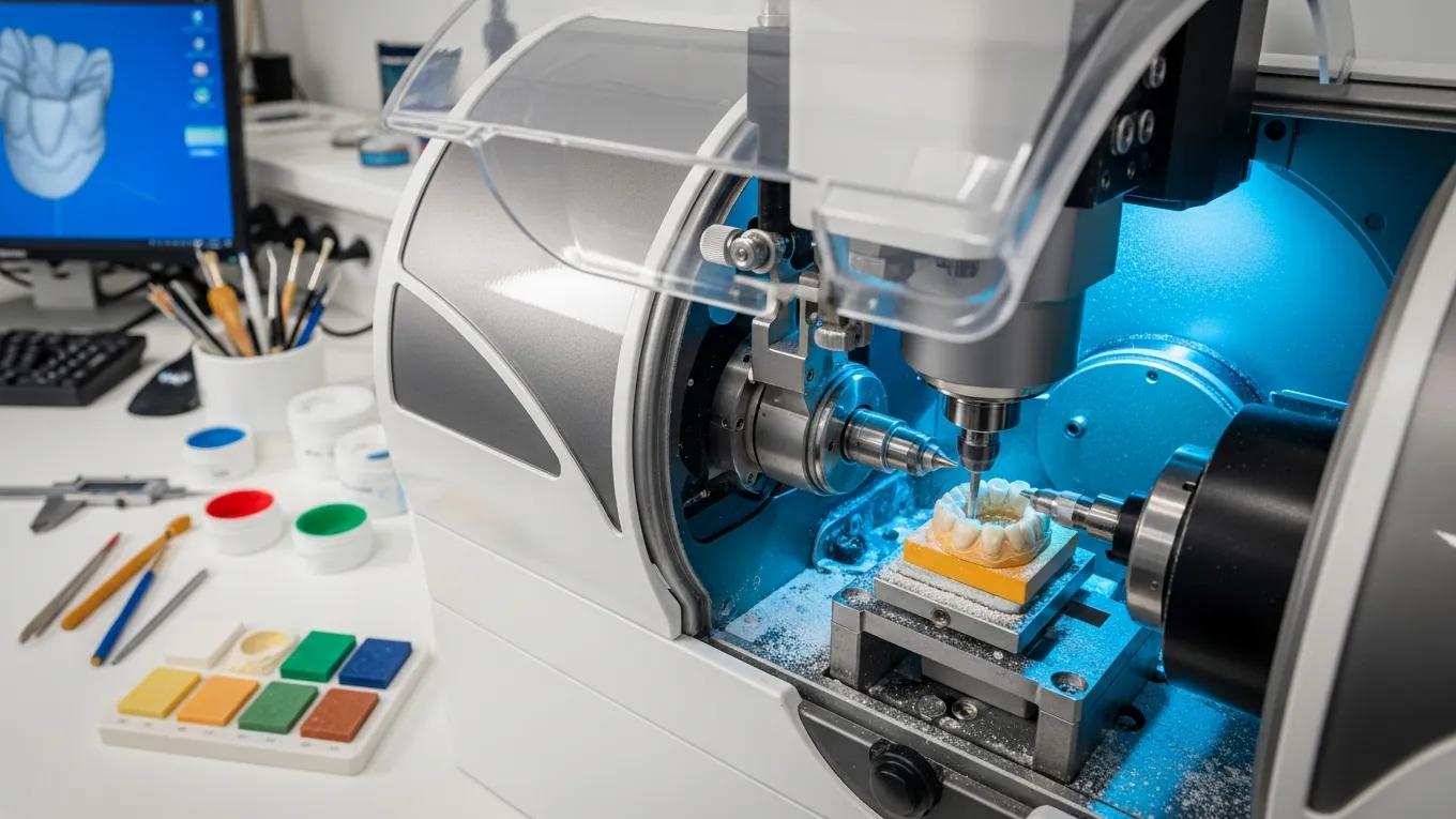 CAD/CAM machine milling a dental crown in a modern dental lab, showcasing advanced technology