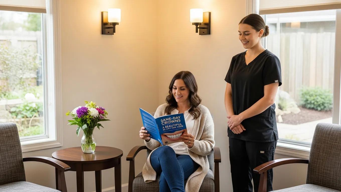 Patient in a cozy waiting area reading about same-day crowns, highlighting preparation and comfort