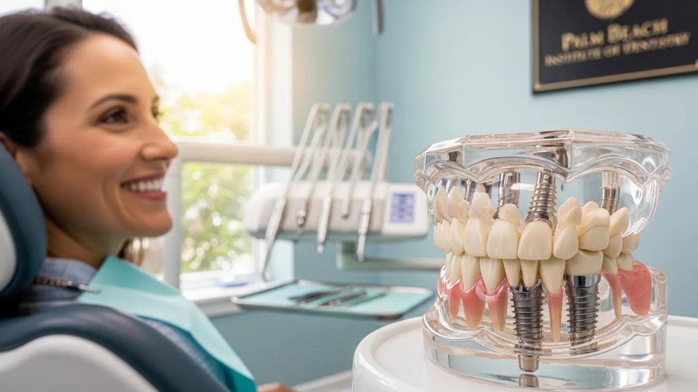Patient smiling during dental implant consultation, with a model showcasing dental implants and natural teeth, emphasizing benefits and comfort at Palm Beach Institute of Dentistry.