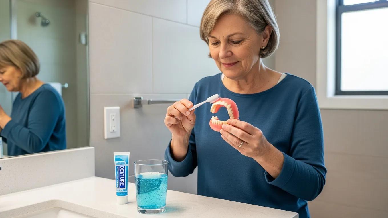 Older woman brushing dentures in a bright bathroom, with denture cleaning solution and a glass of water on the counter, illustrating proper denture care routine.