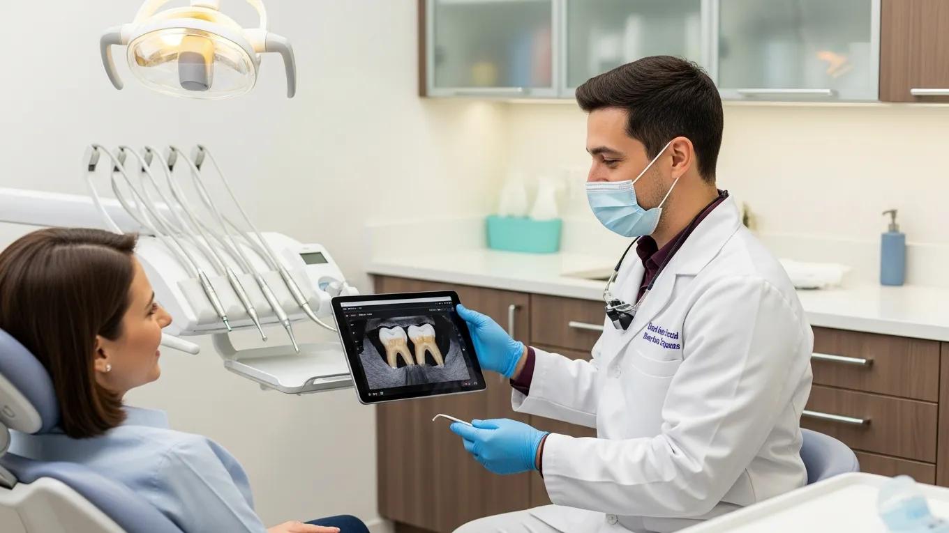 Welcoming dental office with a dentist showing a digital scan to a patient, emphasizing same-day crown technology