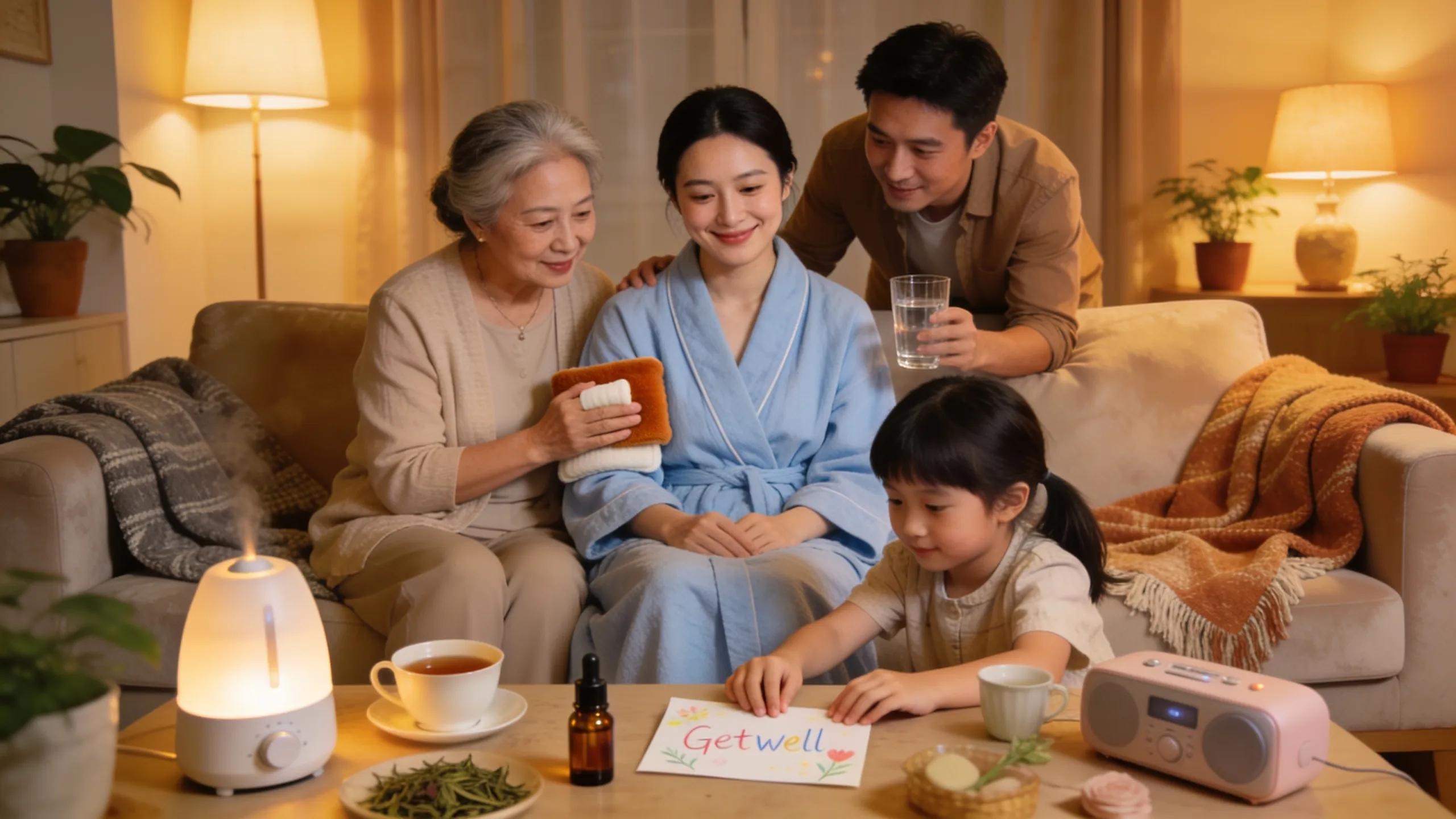 Family supporting patient's sinus lift recovery with cold compresses and comforting atmosphere.