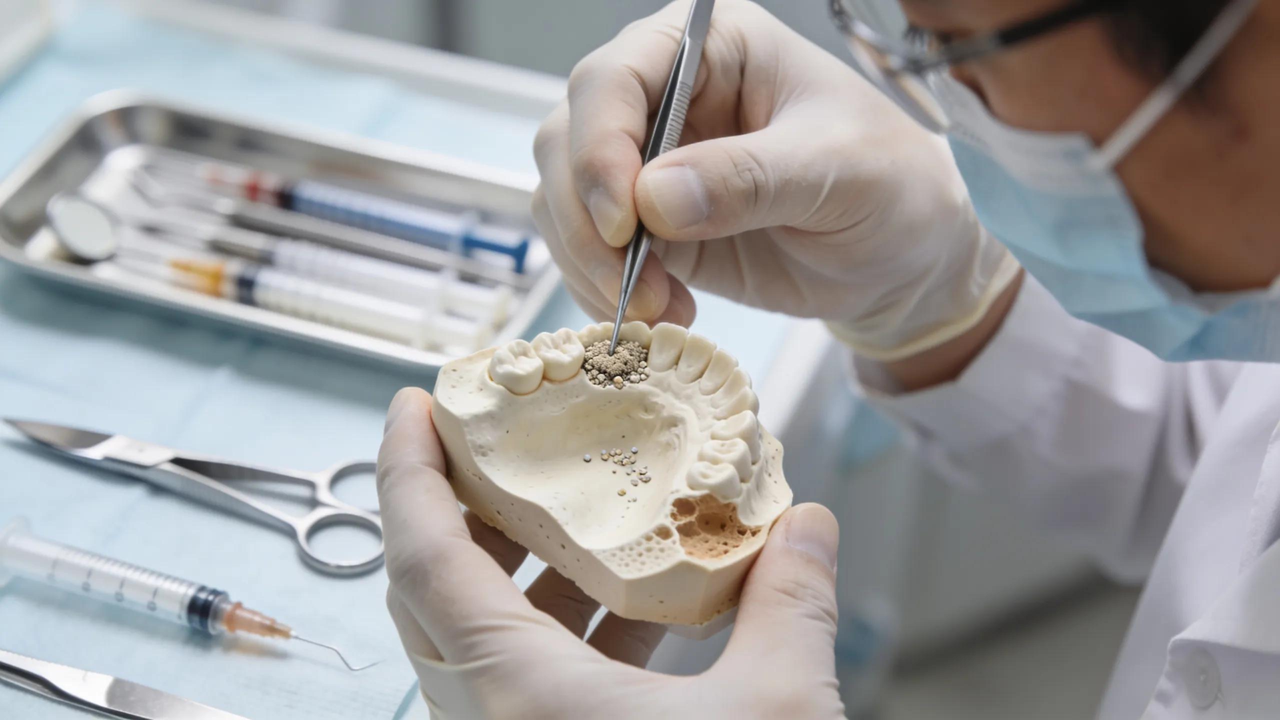 Dental professional placing bone graft material on upper jaw model for sinus lift procedure.