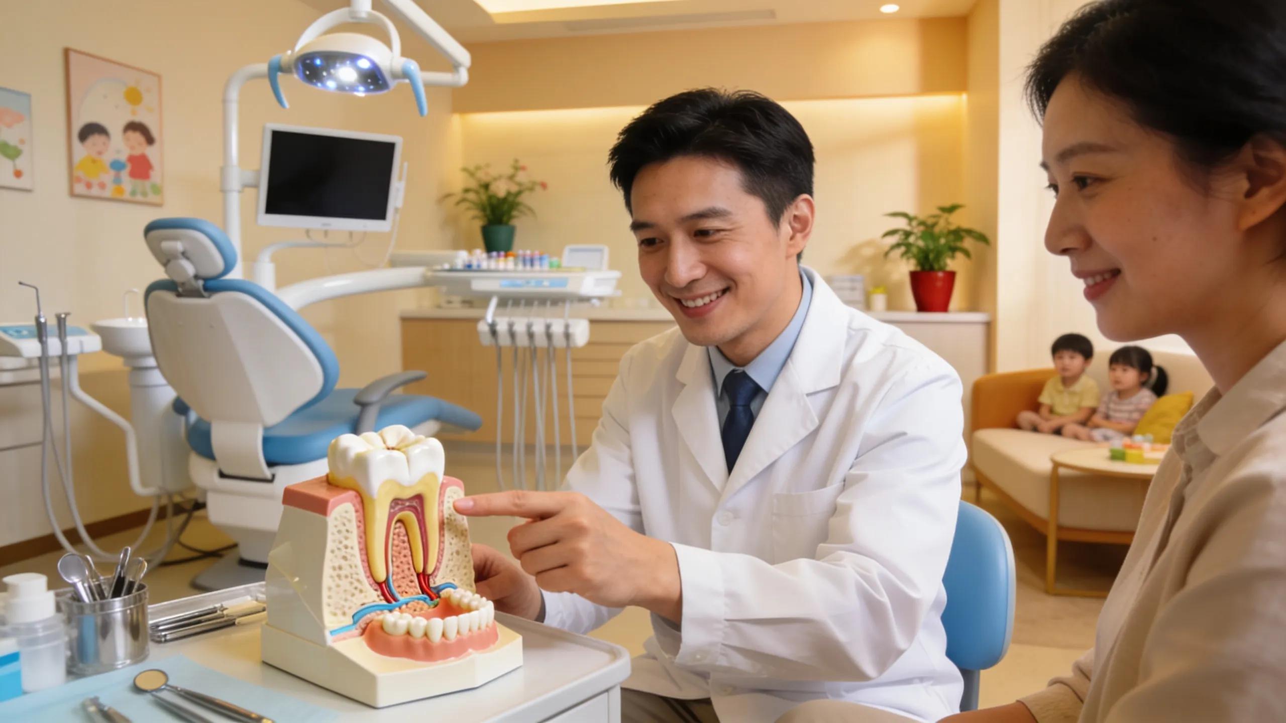 Warm dental environment with a dentist explaining sinus lift procedure to a patient, emphasizing advanced technology and family-focused care