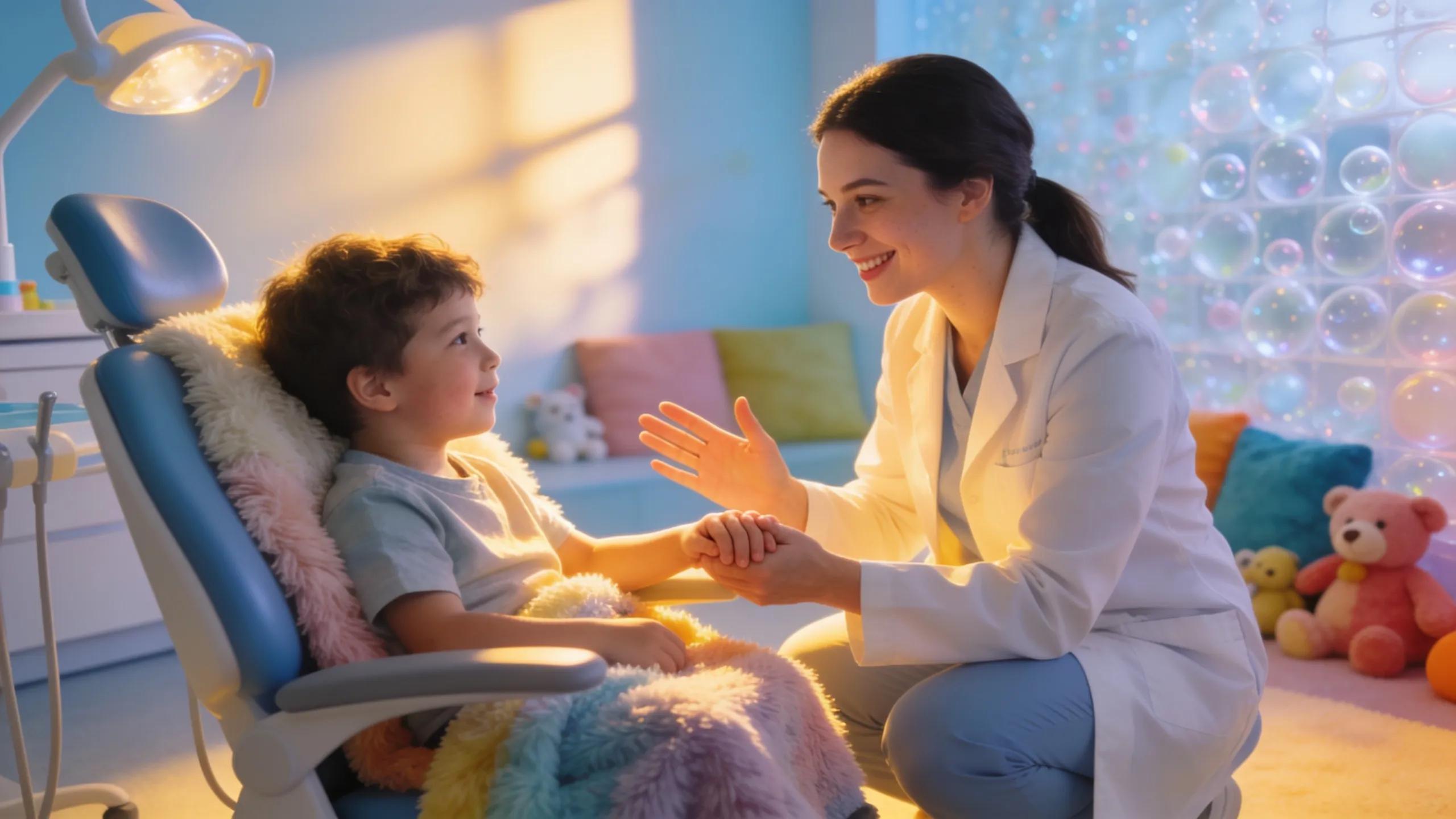 Dental professional providing compassionate care to a child with special needs in a sensory-friendly dental office