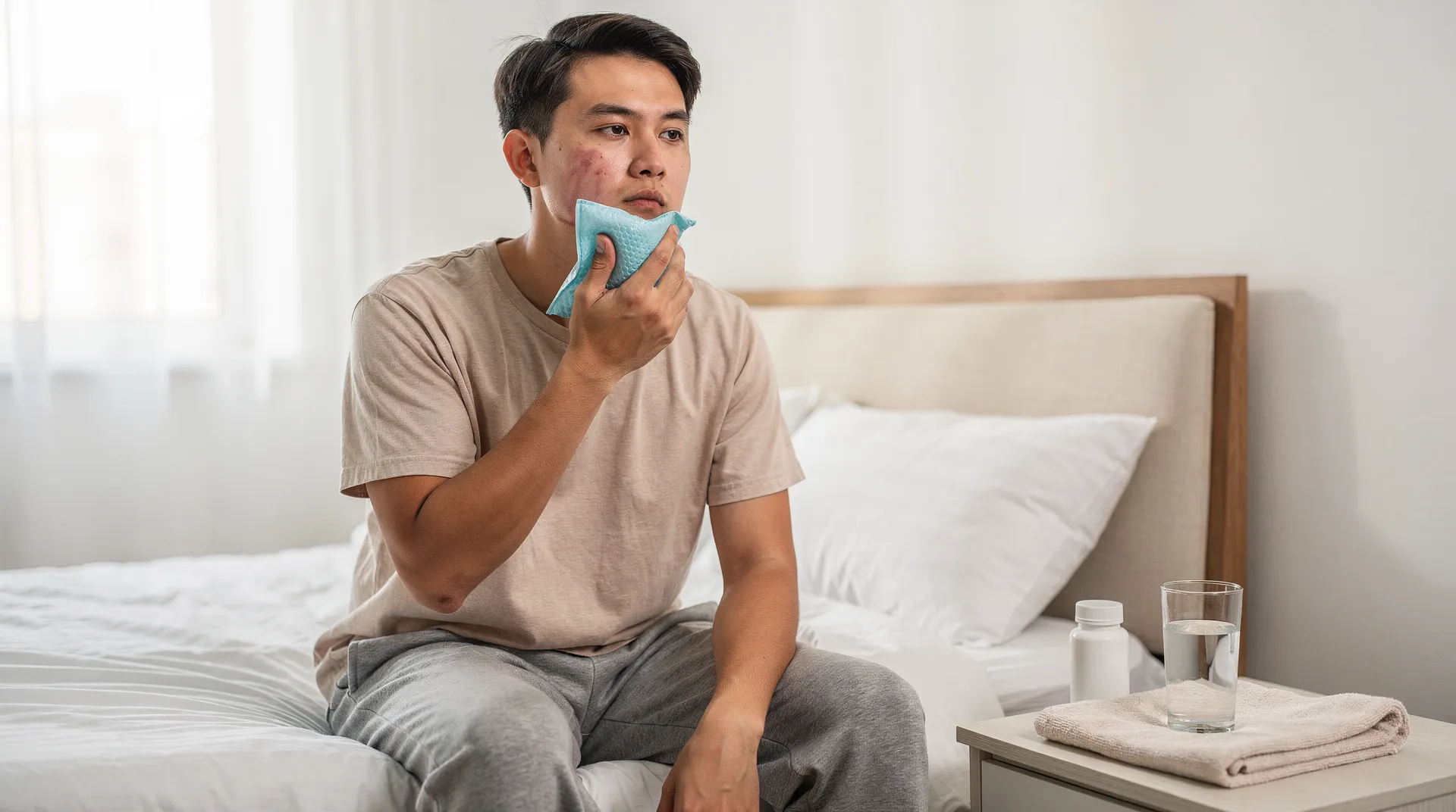 Man with ice pack on cheek illustrating wisdom tooth removal recovery.