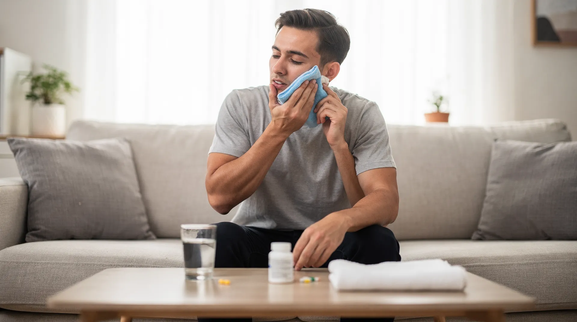 Man applying cold compress to cheek, experiencing post-wisdom tooth extraction discomfort.