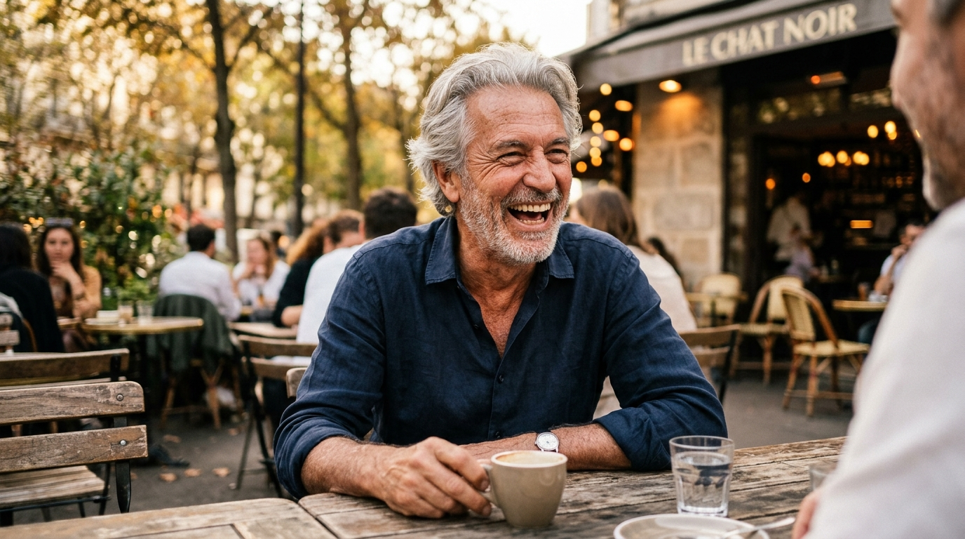 Man in his sixties smiling confidently at an outdoor cafe