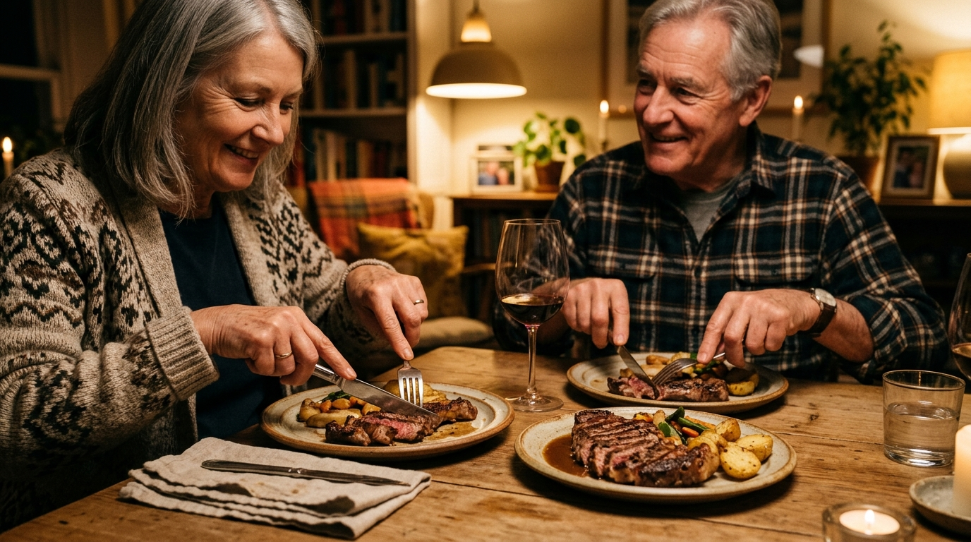 Mature couple sharing a steak dinner at home