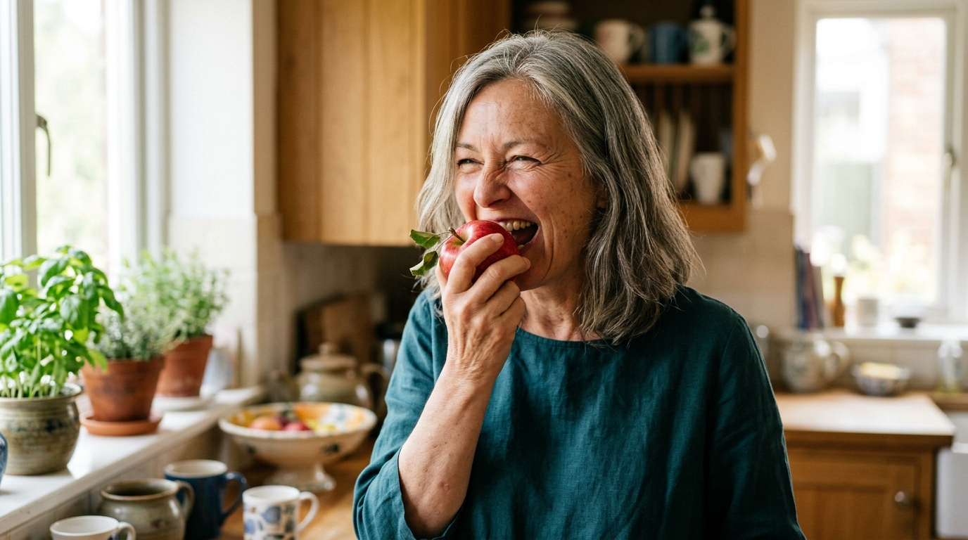 Woman in her fifties biting into an apple and laughing