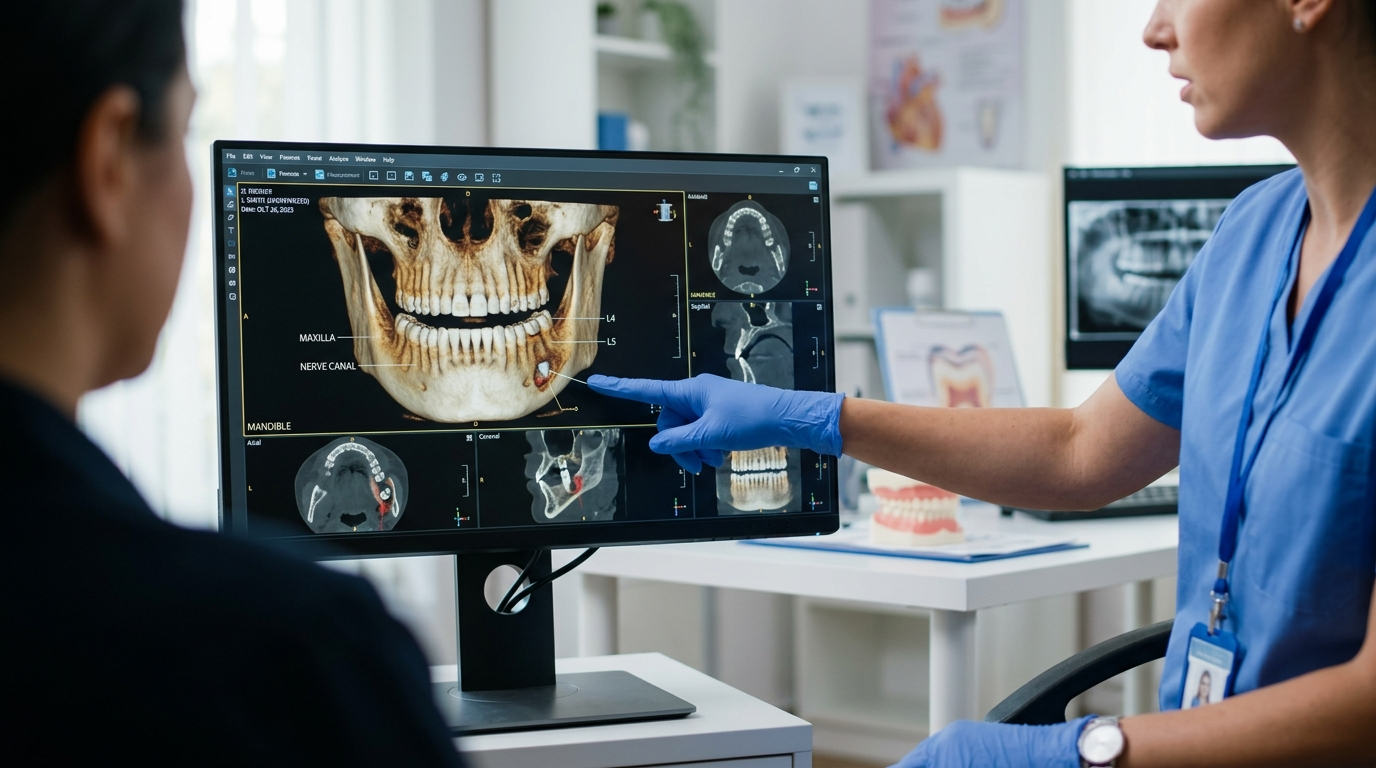 Reviewing a 3D dental scan on a monitor during consultation