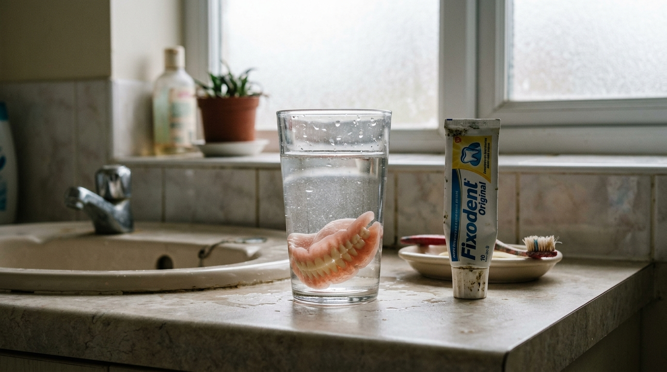 Denture soaking in a glass beside denture adhesive