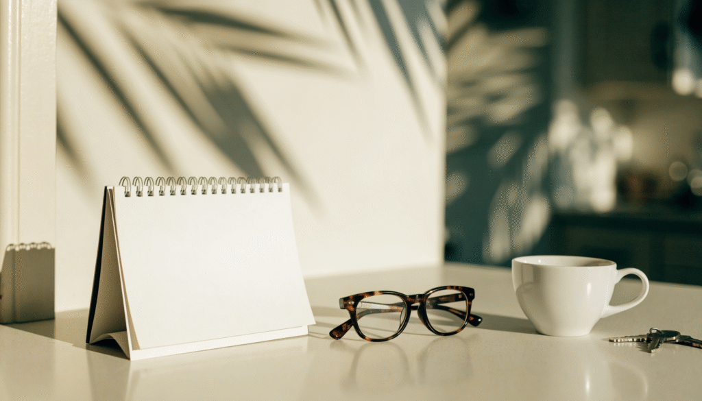 Calendar, reading glasses and coffee on a sunlit kitchen counter, planning dental appointments for the Florida season