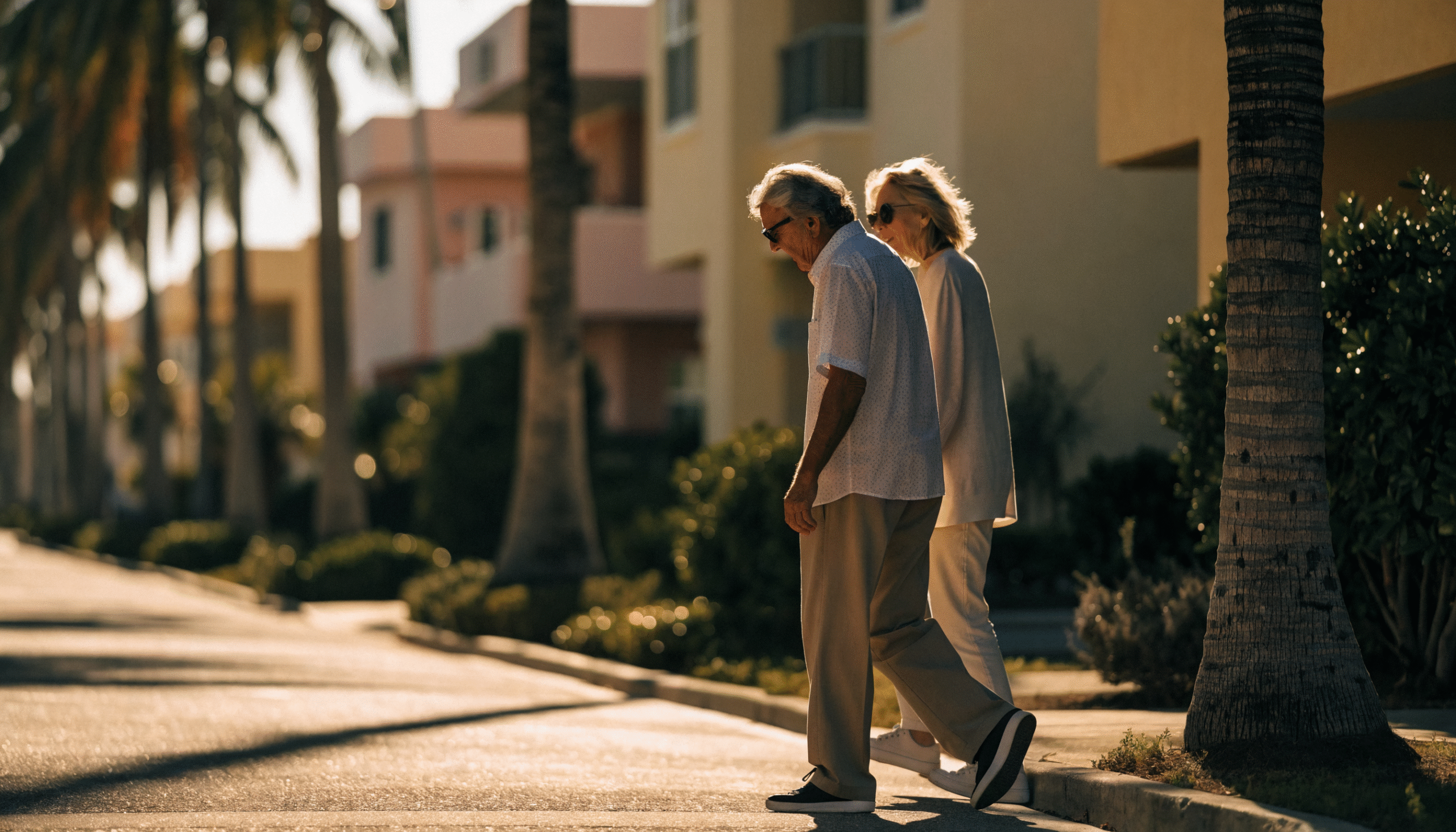 Retired couple walking in a South Florida neighborhood during winter season in Palm Beach County
