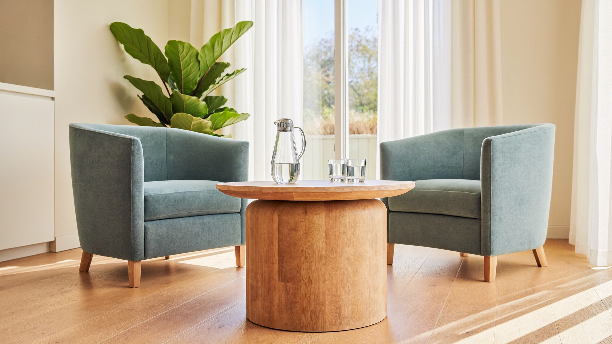 Two empty teal consultation chairs facing each other across a small table in a bright room, the setting for an honest conversation about whether full-arch implants are suitable